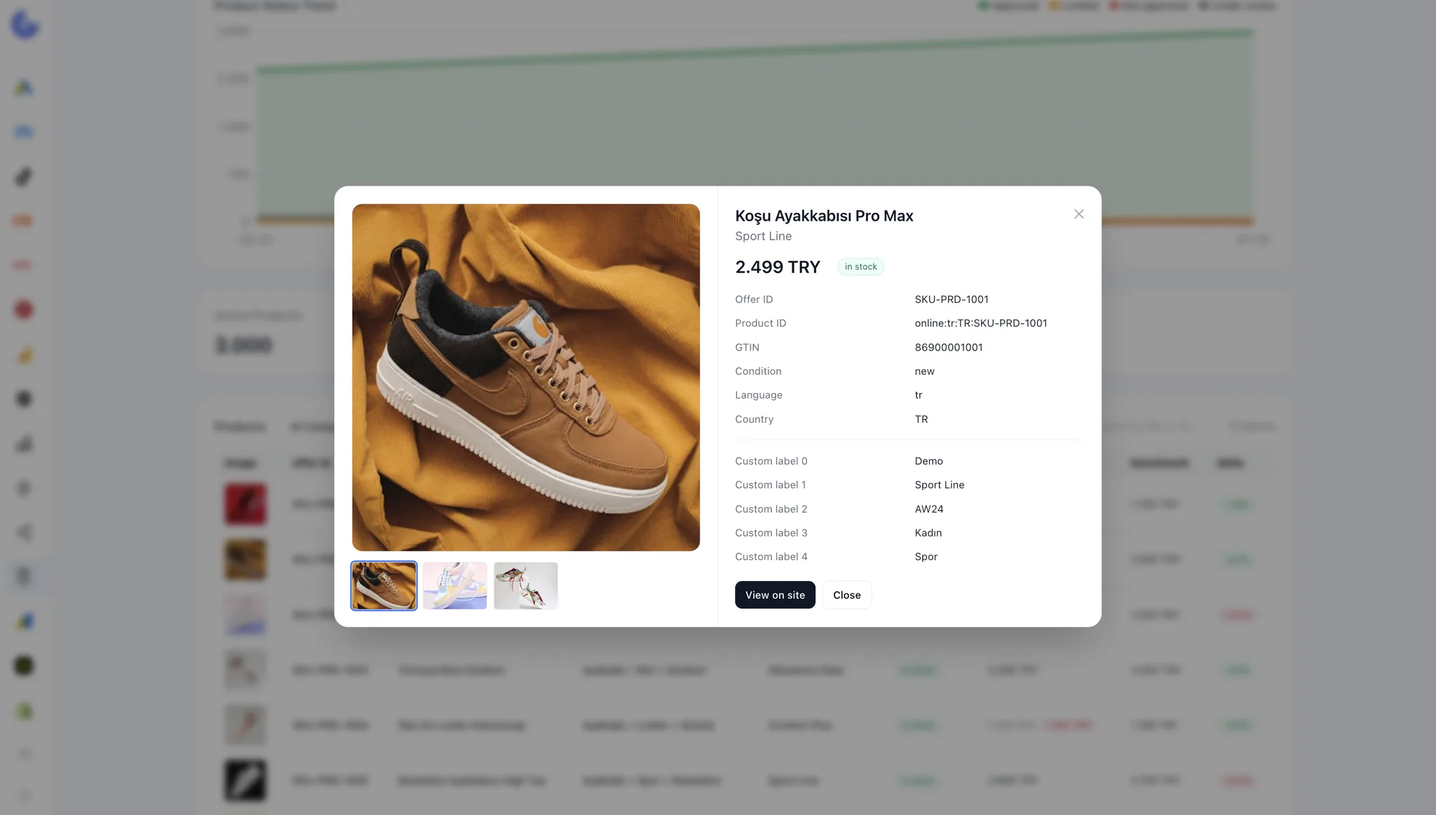 Glowytics — product-level detail with price benchmark and custom labels